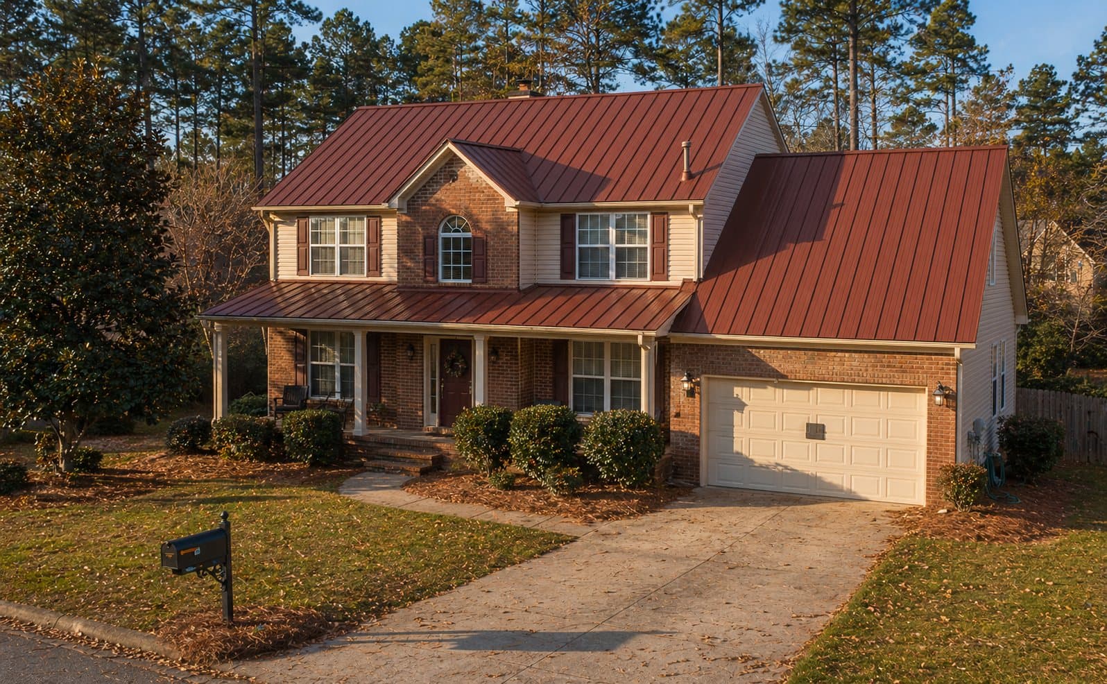 Country red metal roof on a two-story home