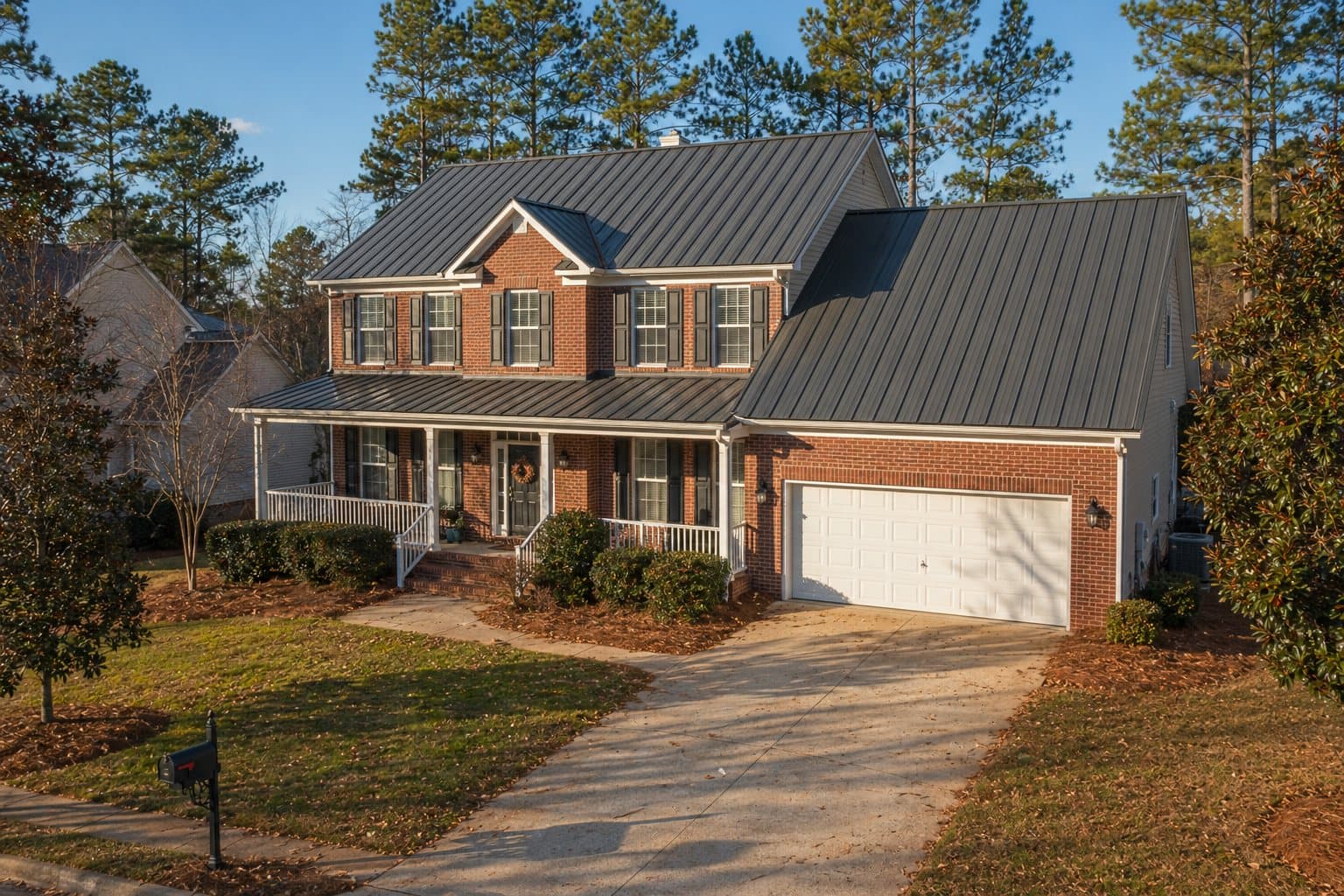 Gun barrel metal roof on a two-story home