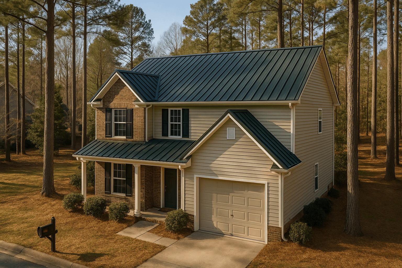 Forest green metal roof on a Lake Norman home