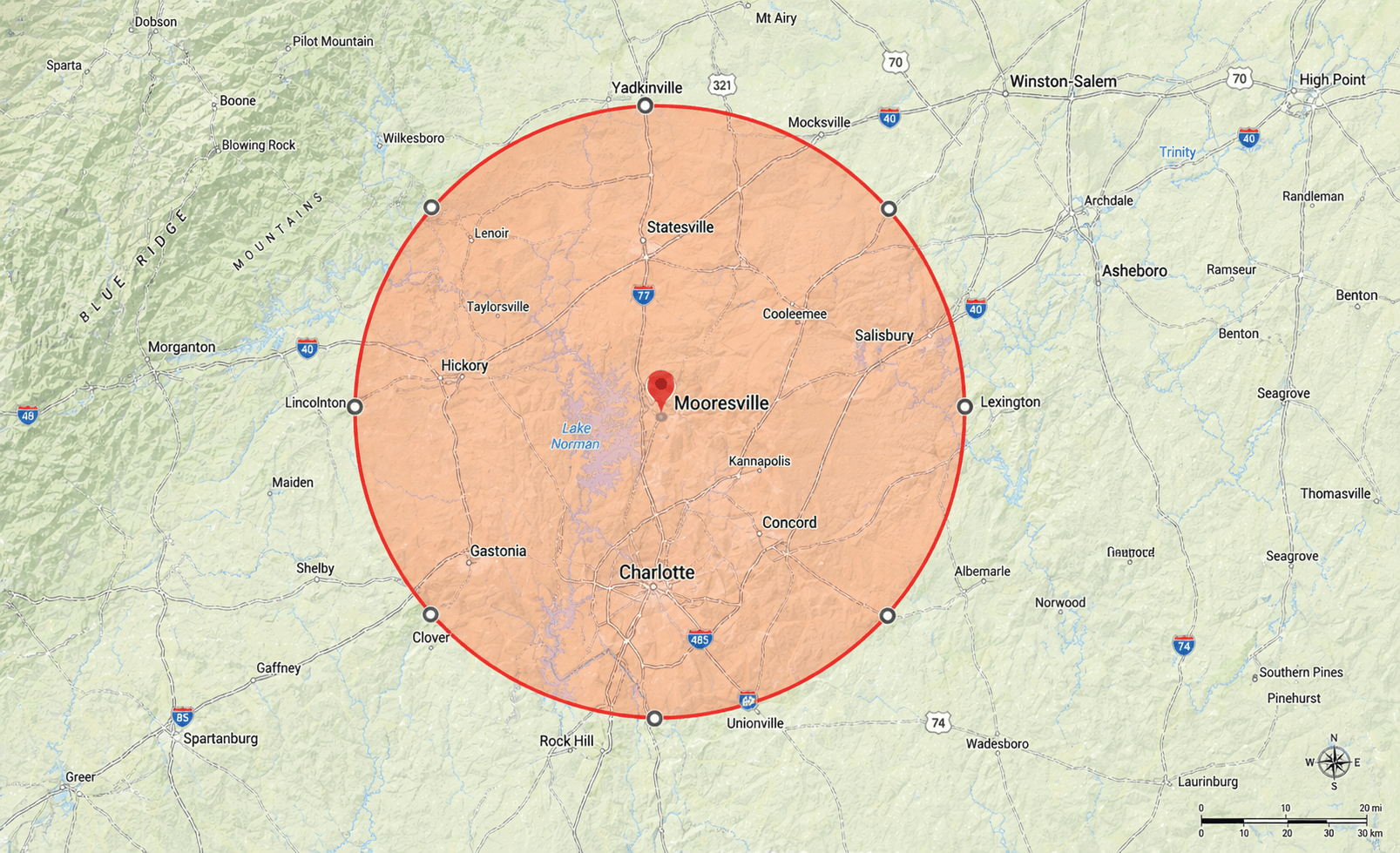 Patriot Metal Roofing Service Area — 50 mile radius from Mooresville, NC